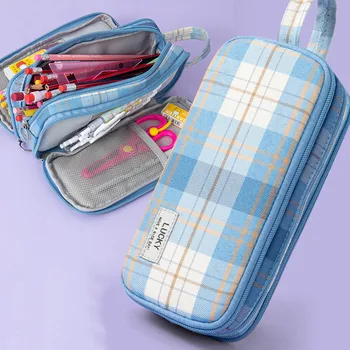 Taşınabilir üç fermuarlı büyük kapasiteli kalem kutusu ekose tuval kalem çantası kalem ekle kızlar kırtasiye malzemesi saklama çantası okul çantası