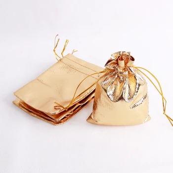 Toptan 500 adet 9x12 cm Altın ve Gümüş Kaplama Saten organze çantalar İpli Düğün hediye keseleri ve Torbalar Bolsa özel logo