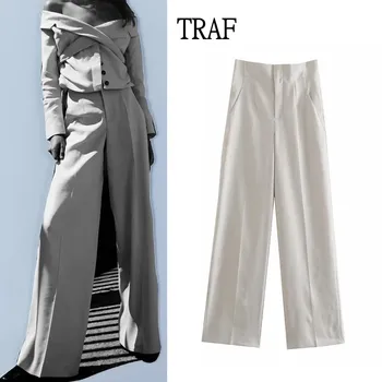 TRAF 2021 Pantolon Kadın Ofis Yüksek Bel Pantolon Kadın Bahar Vintage Cepler Geniş Pantolon Kadın Pantolon Şık Kadın Takım Elbise