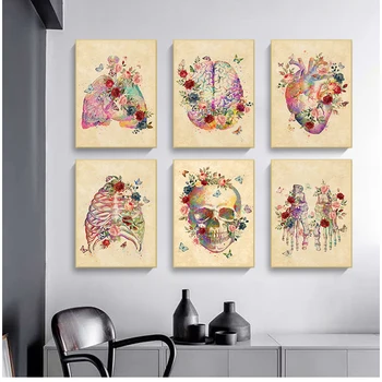 Ve Baskılar Duvar Resimleri İçin Oturma Odası Dekor Beyin Kalp kafatası Çiçek Anatomisi Vintage duvar sanatı tuval yağlıboya İskandinav Posterler