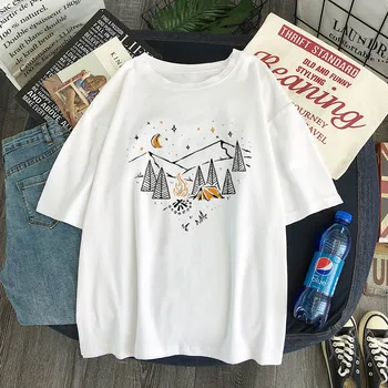 Yaz kadın T-shirt şık Japon Sanat Boyama Dağlar baskı T-shirt kamp Harajuku grafikli tişört Gevşek 90s ulzzang Tops