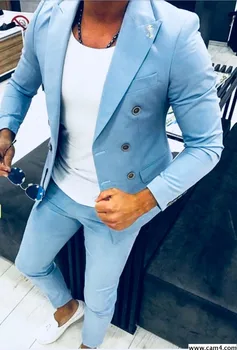 Yaz Son Pantolon Ceket Açık Mavi Erkek Takım Elbise Kruvaze Damat Düğün Smokin Kostüm Homme Slim Fit Terno Masculino 2 Parça