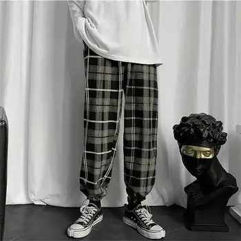 Yeni Japon Gevşek Kırpılmış Pantolon Harajuke Ekose Rahat Pantolon Sonbahar Kore Elastik Bel Geniş Bacak Pantolon