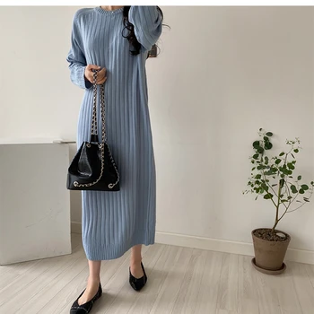 Yeni Örme Kazak Elbise Kadın Kadın Kalın Giyim Kore Elbiseler Katı Sıcak 2022 Kış Vintage Zarif Sonbahar Kayısı Vestido