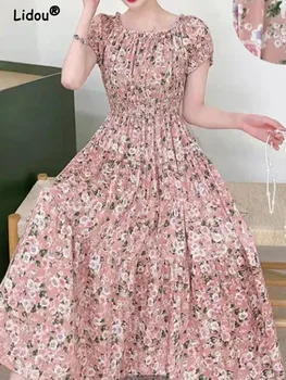 Zarif Moda Ofis Bayan Çiçek Baskı Bel Ayak Bileği Etekler 2022 Yeni Yaz Şık Vintage kadın giyim Sundress Elbiseler
