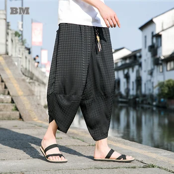 Çin Geleneksel Elbise İnce Ekose Buz İpek Kırpılmış Pantolon Yaz Gevşek Artı Boyutu harem pantolon Erkek Giyim Etnik Bloomers