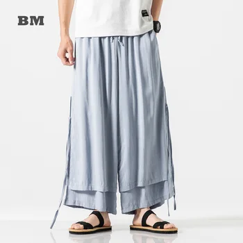 Çin Tarzı Gevşek Artı Boyutu Culottes Tang Takım Elbise Hanfu Japon Harajuku Sahte İki Parçalı Pantolon Hakama Geniş Pantolon Erkek Giyim