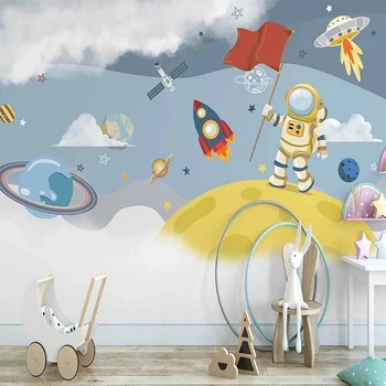 Özel Duvar Kağıdı Nordic Ins El Boyalı 3D Karikatür Uzay Roket Astronot çocuk Yatak Odası Arka Plan 3D duvar tablosu